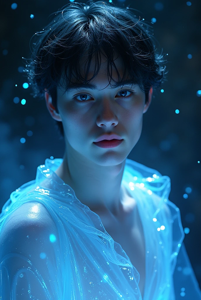 The photo shows a young man,, Hermaphroditic features. The pale, smooth-skinned man looked at us, His clothes looked like they were made of crystal blue and silver,Showing off his torso, Delicate and powerful, With a peaceful and dreamy expression. His eyes are deep, bright blue and purple, A thoughtful look on his face. Young people have short hair, flow, Deep Black,Looks like it's made of liquid light. It's soaking wet,Falling down in clumps,Blend in with the background,There are three dragons behind, 给人一种运动和flow的感觉. There is an ethereal light effect around the boy. Blue and white light flashing on the image, It's as if this person is surrounded by some magical energy.. The reflection of light on the skin and hair intensifies this feeling:The boy is made of liquid or crystalline material. The background is very dark, Lighting effects are more prominent. The play of light and shadow adds depth and mystery to the scene.. The style is very detailed and realistic, Wonderful touch. The use of cool colors and lighting effects creates a dreamy and otherworldly atmosphere.