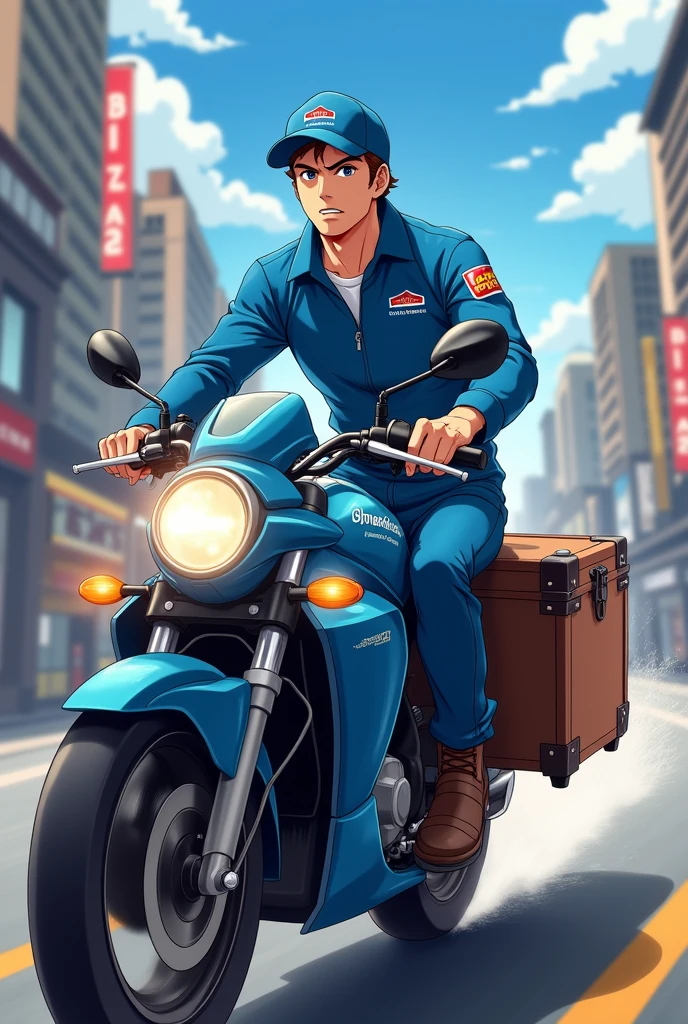 Delivered pizza Anime Saying Express motorcycle Man with suitcase home delivery Blue uniform