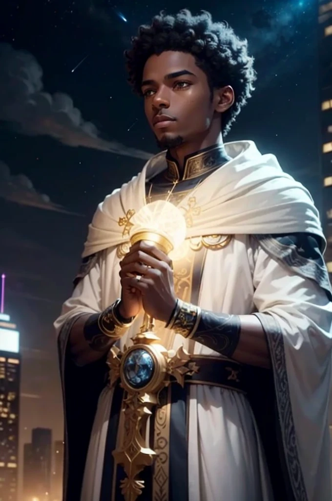 Create an image of Kalel as a celestial messenger, depicted as a Black person with dark skin and short, well-defined curly hair. Kalel should be flying above a modern city at night, enveloped in radiant light emanating from his hands while holding an ancient scroll that glows with sacred symbols. The city below should be lit with artificial lights, contrasting with the divine light that Kalel carries with him. The color palette should include shades of silver, dark blue, and gold, and the artistic style should be mystical and contemporary, capturing the duality between the sacred and the modern.
