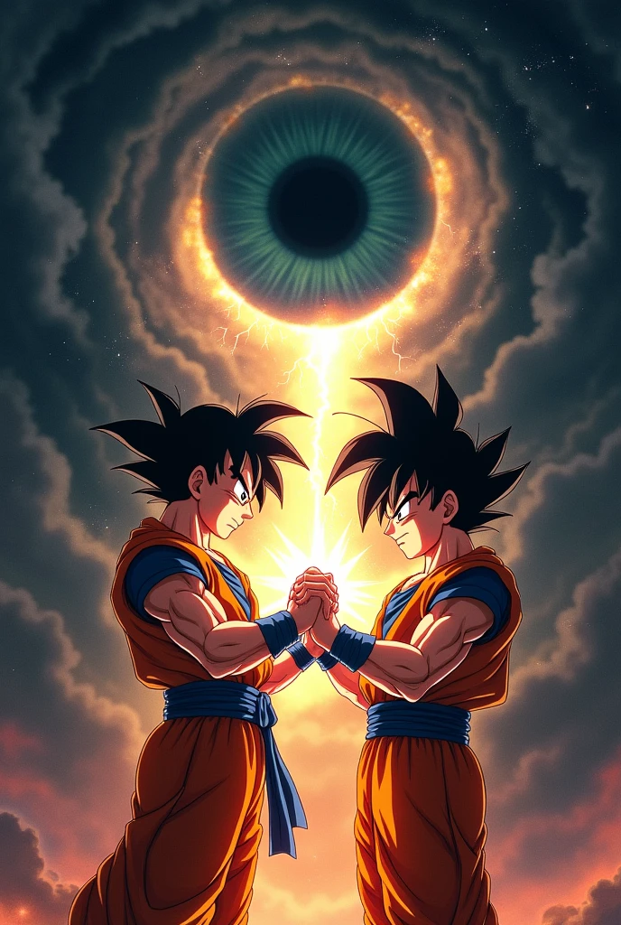 Make Goku and Vegeta raising their hands while holding hands while having energy coming out of their hands and looking at the dark sky with a cosmic dark eye, around the eyes there is black smoke 
