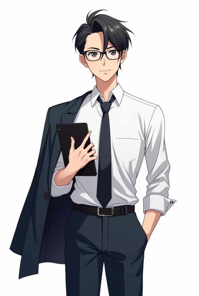 Black hair male teacher, glasses, white shirt and tie, jacket, holding an iPad, anime image, white background, 1080p image