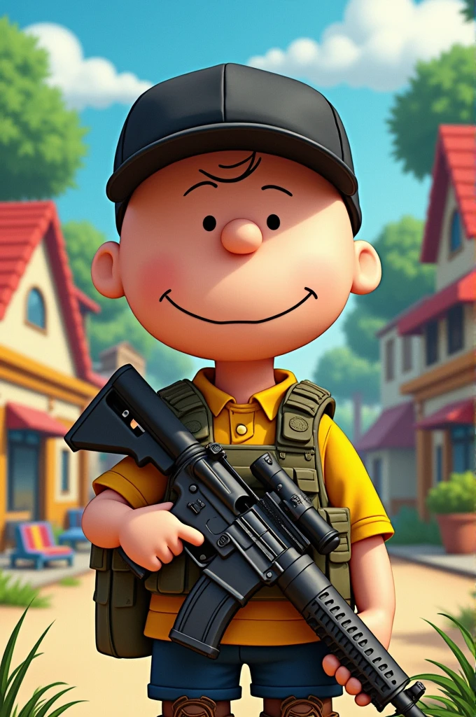 Create Charlie Brown from Rugrats with an M4, a tactical vest and a black cap