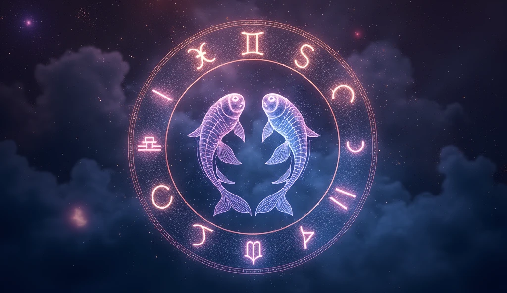 Create an astrological-themed design featuring a zodiac wheel with all twelve signs, focusing on the Pisces symbol. The Pisces symbol should be prominently displayed in the center of the design, surrounded by a subtle, mystical background with deep purple and dark blue gradients. Incorporate constellations, stars, and glowing effects to enhance the celestial feel of the design.
