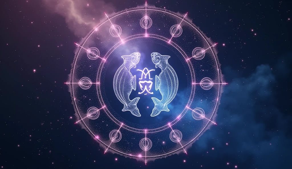 Create an astrological-themed design featuring a zodiac wheel with all twelve signs, focusing on the Pisces symbol. The Pisces symbol should be prominently displayed in the center of the design, surrounded by a subtle, mystical background with deep purple and dark blue gradients. Incorporate constellations, stars, and glowing effects to enhance the celestial feel of the design.