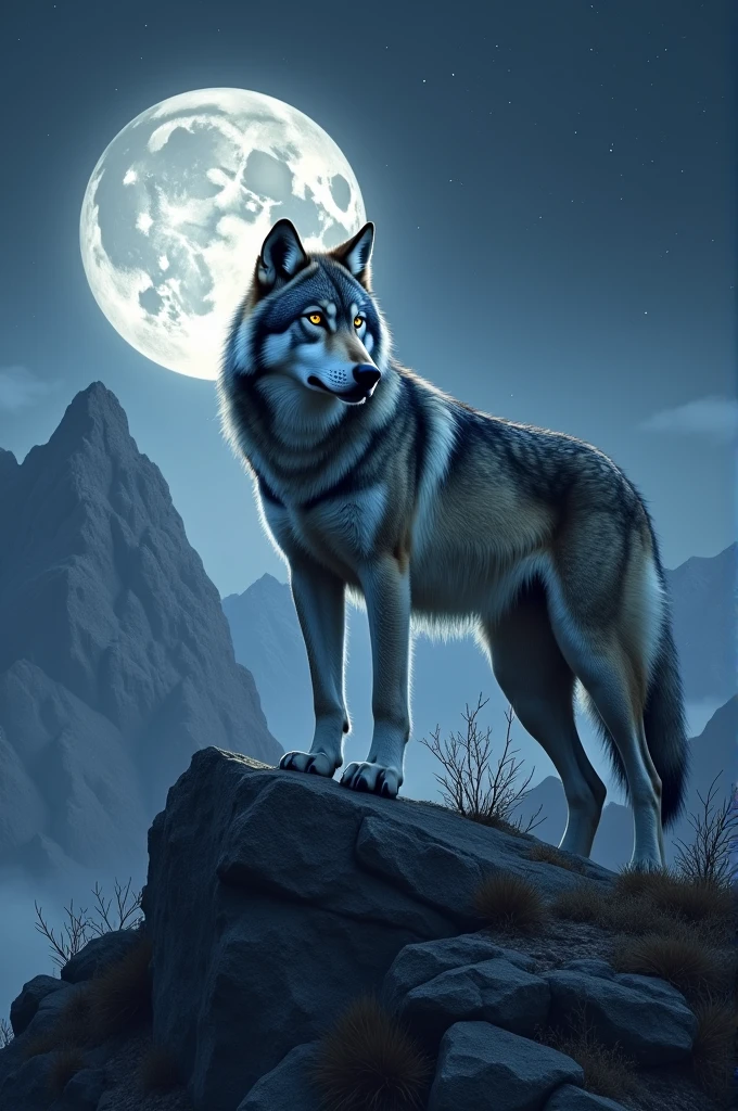 A wolf facing forward on a mountain and a full moon behind him.