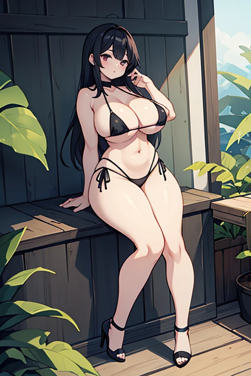 Girl, thick thighs, wide hips, mini bikini, high heels, pale skin, big breast,