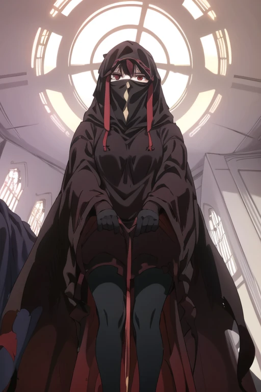 NNAssassinFSF, 1girl, solo, black hair, red eyes, long cape sleeves, sleeves covered hands, no hands, dress, long cape, cape, black cloak, hood up, black robe, covered mouth, hooded cloak, ((masterpiece, best quality)) rooms, bedroom, from below 