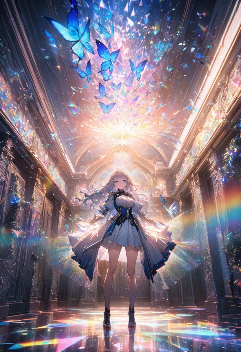 best quality, Super Fine, 16K, Ridiculous, Extremely detailed, Beautifully, Gorgeous and dynamic depiction, The floor of the room is covered with tiny prisms, wall, and ceiling, Shining light, Diffuse, Hologram projection of bright blue butterfly, And reproduced the flying scales, Rainbow, artwork