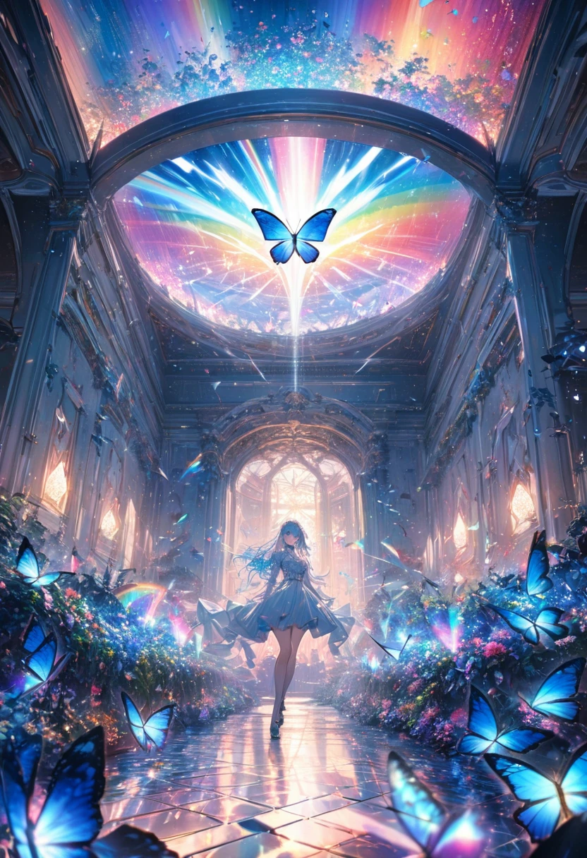best quality, Super Fine, 16K, Ridiculous, Extremely detailed, Beautifully, Gorgeous and dynamic depiction, The floor of the room is covered with tiny prisms, wall, and ceiling, Shining light, Diffuse, Hologram projection of bright blue butterfly, And reproduced the flying scales, Rainbow, artwork