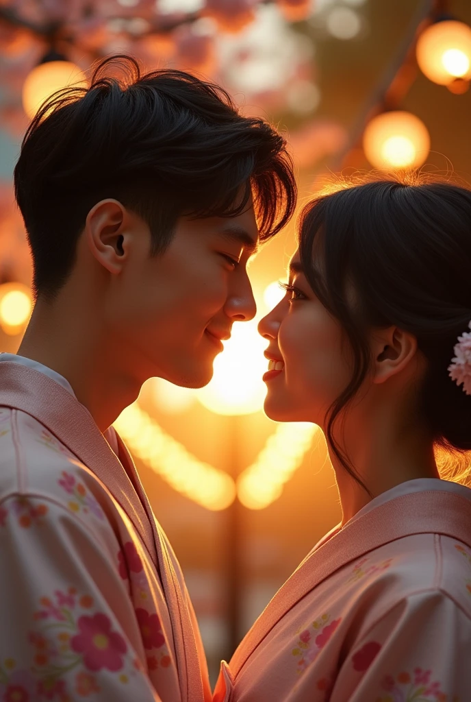 A close-up of a man&#39;s face as he falls in love with her in a yukata