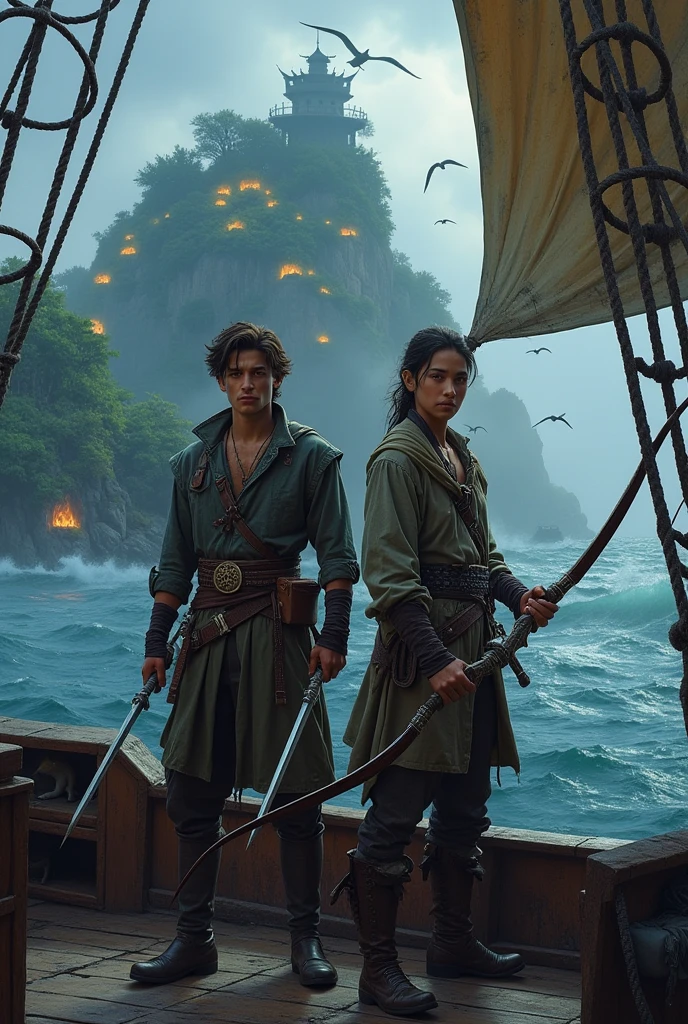 Two handsome young warrior, riding a pirate ship, carrying a bow and arrow, with daggers , and wearing a Simple clothes, near the Island, and make it more magical 