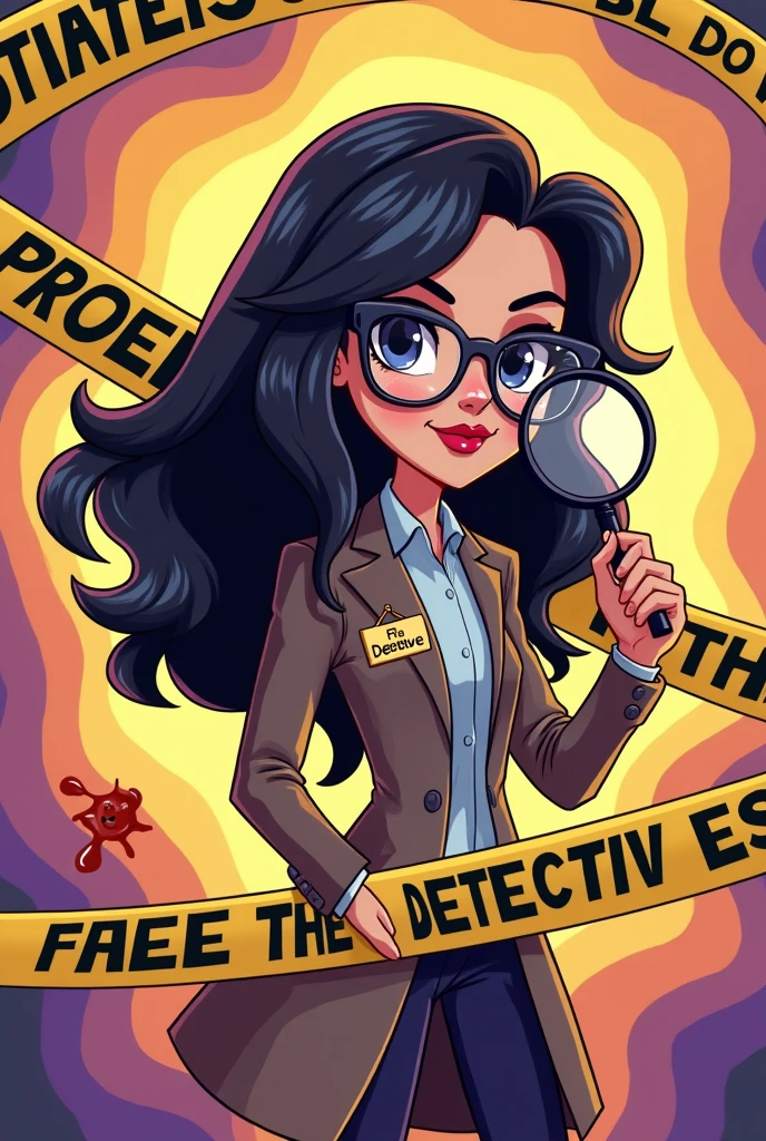 Women detective, has dark hair and long with pony but dont tie her hair, use grey glasses, cool skintone, yellow and purple background colour, police tape titled 'Fae the detective', has magnifying glass and blood with Fae nametag. Cartoon and cute theme