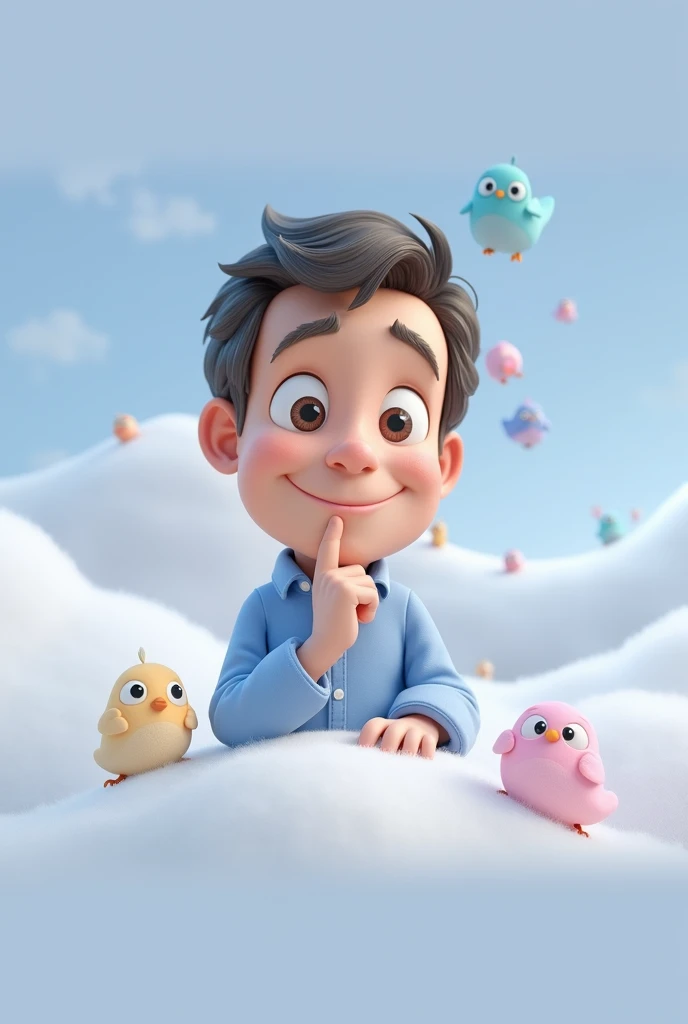Cartoon character of a man blue shirt, 45 years old adult, an animated character, stylized character, animation style rendering, 3d stylized, Cartoon character of a man blue shirt, 45 years old adult, an animated character, stylized character, animation style rendering, 3d stylized, Looking up with a finger on the chin, as if reflecting