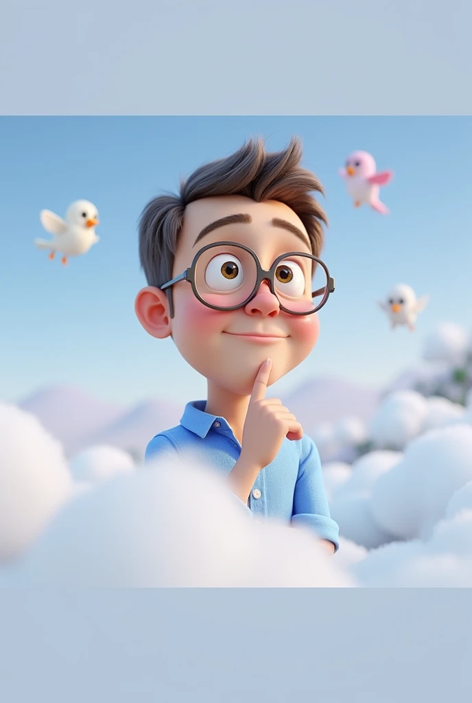 Cartoon character of a man blue shirt, 45 years old adult, an animated character, stylized character, animation style rendering, 3d stylized, Cartoon character of a man blue shirt, 45 years old adult, an animated character, stylized character, animation style rendering, 3d stylized, Looking up with a finger on the chin, as if reflecting