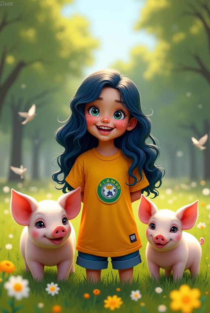 A BEAUTIFUL 6-YEAR-OLD GIRL WITH LONG, WAVY, BLUE-BLACK HAIR AND WITH PIGLETS AND SHE HAS VITILIGO AND HETEROCROMIA IN HER EYES AND A SCAR ON HER LEFT EYE AND SHE WEARS A FLAMENGO TEAM T-SHIRT 