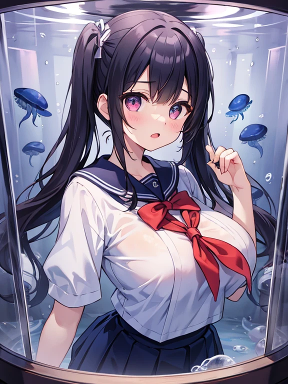 (masterpiece, intentional quality, carefully detailed drawing, beautifully painted eyes), dark and spacious exhibit room at an aquarium, large cylindrical tank with jellyfish on display, jellyfish tank is lit up, short twintails hair, black hair, super baby face, droopy eyes, heterochromia, pink eye, orange eye, a 145cm tall girl with very huge , wearing a summer sailor uniform, staring at the jellyfish tank with a slightly open mouth and a dazed expression.