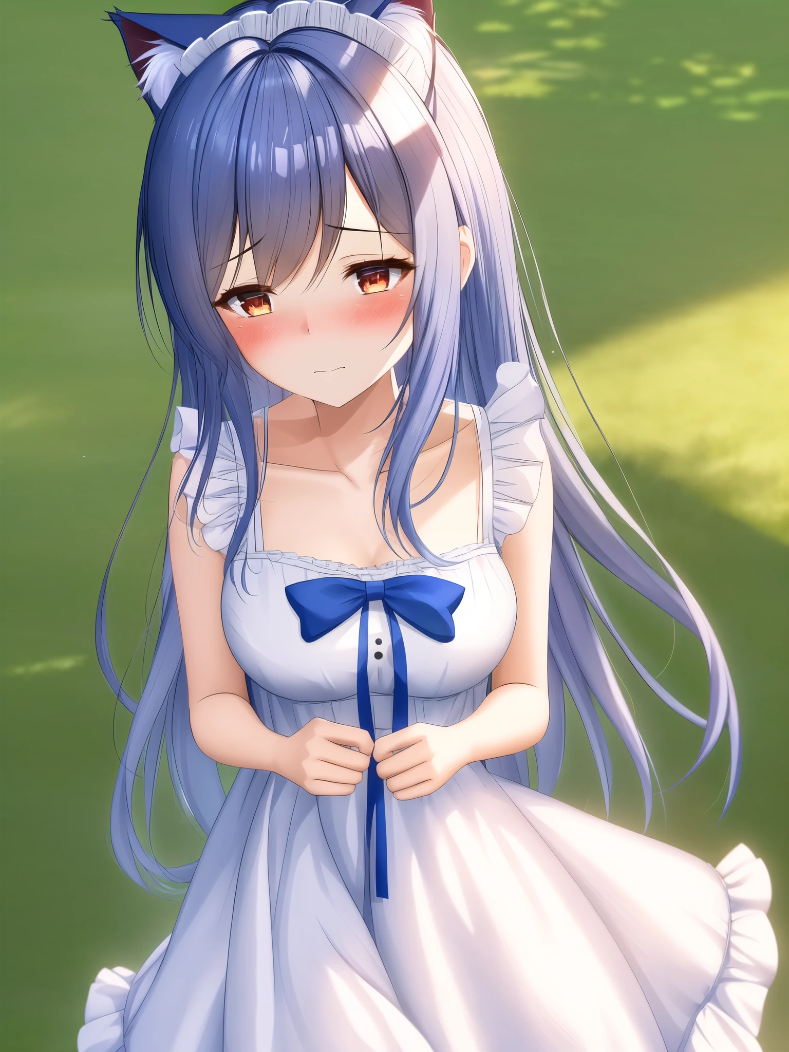 A super cute anime girl with blue, semi-long hair styled in soft waves, her cat ears twitching nervously, adorned with two matching blue ribbons on either side of her head, her cheeks flushed a deep red with embarrassment, standing in the soft morning light of a summer day, her large, tear-filled eyes shimmering as she looks down shyly, dressed in a light, frilly sundress that sways gently in the morning breeze, her hands clutching the hem of her dress as she fidgets nervously, the early sunlight casting a warm glow over her, the scene capturing a mix of vulnerability and sweetness, masterpiece, highest quality, super cute moment captured, depth of field, super detailed, super high resolution, C4D, Octane render, 3D modeling, 8K, 16K."