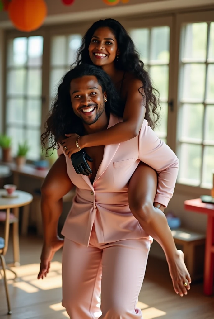 Create a realistic photograph of a smiling and beautiful indian woman in light pink outfit with black gloves carrying a large chubby man on her shoulders in a room, man is sitting on top of her shoulders , man on top, woman at bottom