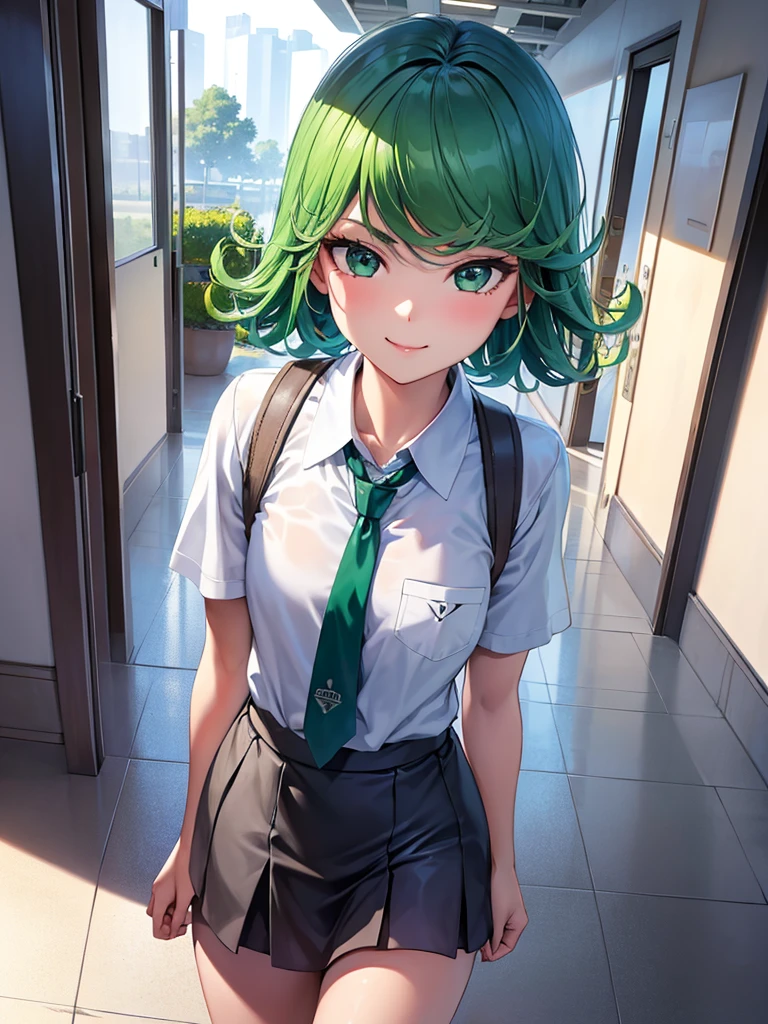 (high res, 8K, masterpiece, looking at viewer, best quality, very aesthetic, ultra detailed, ultra background, ultra Eyes, Realistic Eyes), intricate details, 1girl, Tatsumaki, short sleeved white shirt, Smile Face, pocket on left chest, wearing a gray tie, gray short skirt, Green short hair, Green eyes, carry a bag, walking in the school hallway, lots of people, Background school hallway, School, Cinematic Angle