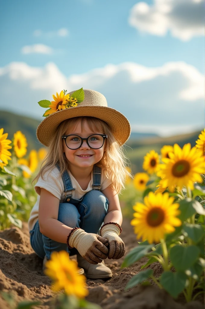 Girl with glasses works as a gardener pruning sunflowers 