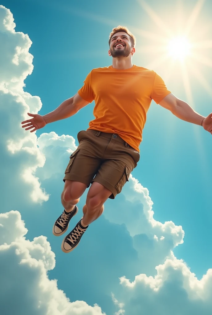 Muscular man wearing a shirt with long shorts Long loose shorts With pockets on the sides with converse sneakers Orange T-shirt and brown shorts Long short, long short, long Flying in the sky like a hero