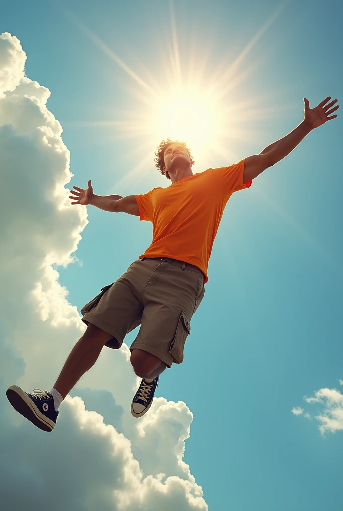 Muscular man wearing a shirt with long shorts Long loose shorts With pockets on the sides with converse sneakers Orange T-shirt and brown shorts Long short, long short, long Flying in the sky like a hero