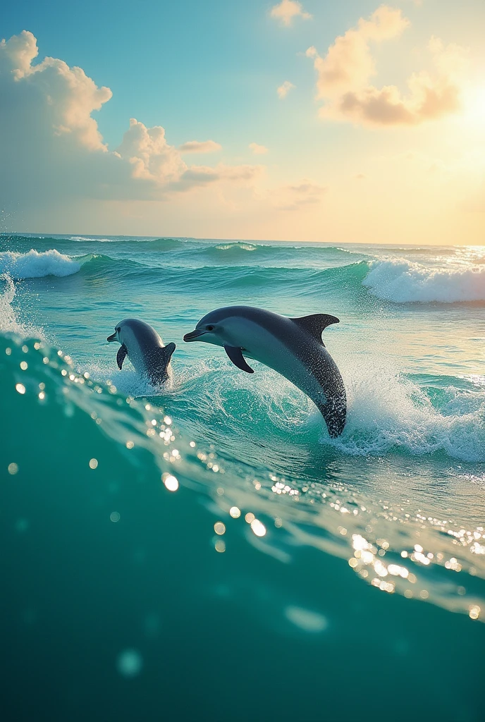 A vast ocean with dolphins swimming