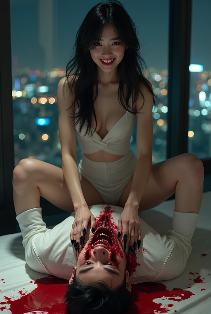 (((photorealistic:1.4))), ultra realistic, pores, (((masterpiece))),high quality, ultra details, realistic white skin beautiful face pretty chinese idol adult showing long sharp black claws fingernails, devil wings, horn, tail, model, very pretty, vein on hands, wearing sexy outfit, pretty long legs, ring on fingers, long yellow hair, long earrings, big necklace, grabbing neck of painful expression of realistic ugly old man head tied up on the post with mouth ripped, blood splatter everywhere, extreme gore, looking at camera, night, luxury modern hotwl room with torture device on the table, big window, high building, new york, beautiful lights, looking at camera,