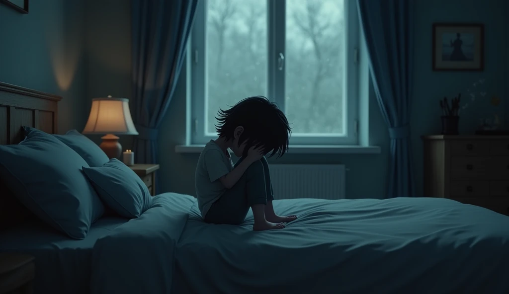 3D animation style.'[Ink dust] Sitting on the bed，Head buried in hands。His shoulders trembled slightly，Seems to be holding back the pain in my heart，There was a faint sound of wind and rain outside the window behind me."