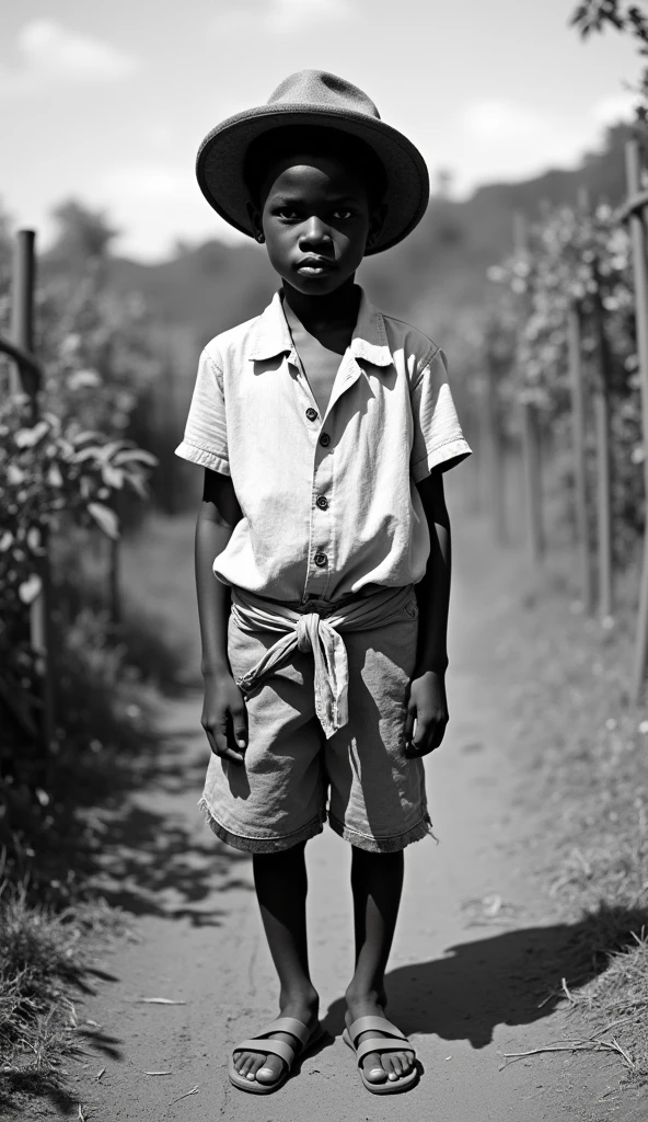 a 25 year old dark or black orphan with a dirty and torn white shirt, sombrero(chonete) dirty and broken , without shoes, with leather sandals ,Dirty cloth pants tied with a cloth cord, of humble and poor appearance, surrounded by pastures, fences, coffee plantations, plataneras, Representative trees of Costa Rica in the 20th century , that the photo is in black and white