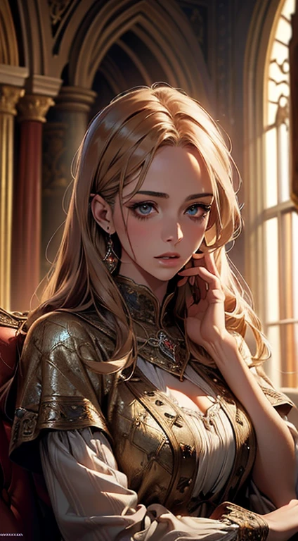 1girl in a castle, beautiful detailed eyes, beautiful detailed lips, extremely detailed face and portrait, long flowing hair, noble elegant medieval dress, romantic charming expression, exploring castle interior, adventurous spirit, cinematic dramatic lighting, intricate detailed architecture, warm color tones, highly detailed, photorealistic, (best quality,4k,8k,highres,masterpiece:1.2),ultra-detailed,(realistic,photorealistic,photo-realistic:1.37),cinematic dramatic lighting,warm color tones,fantasy,concept art