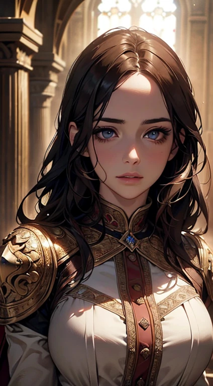 1girl in a castle, beautiful detailed eyes, beautiful detailed lips, extremely detailed face and portrait, long flowing hair, noble elegant medieval dress, romantic charming expression, exploring castle interior, adventurous spirit, cinematic dramatic lighting, intricate detailed architecture, warm color tones, highly detailed, photorealistic, (best quality,4k,8k,highres,masterpiece:1.2),ultra-detailed,(realistic,photorealistic,photo-realistic:1.37),cinematic dramatic lighting,warm color tones,fantasy,concept art