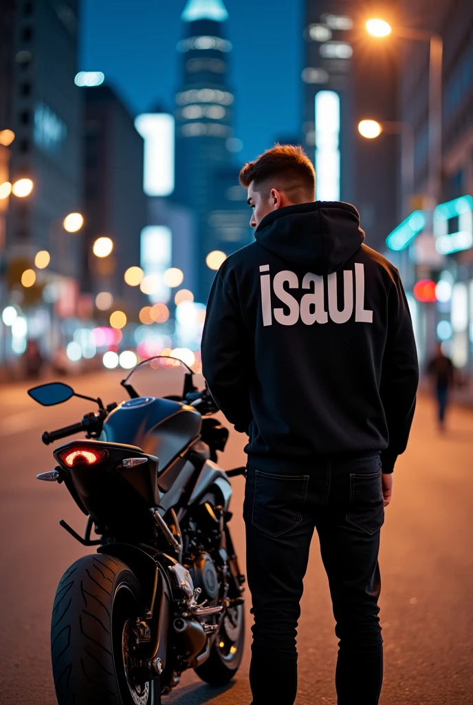 Someone focused on a Yamaha MT 09 that on his sweatshirt on the back side says Isaul 
