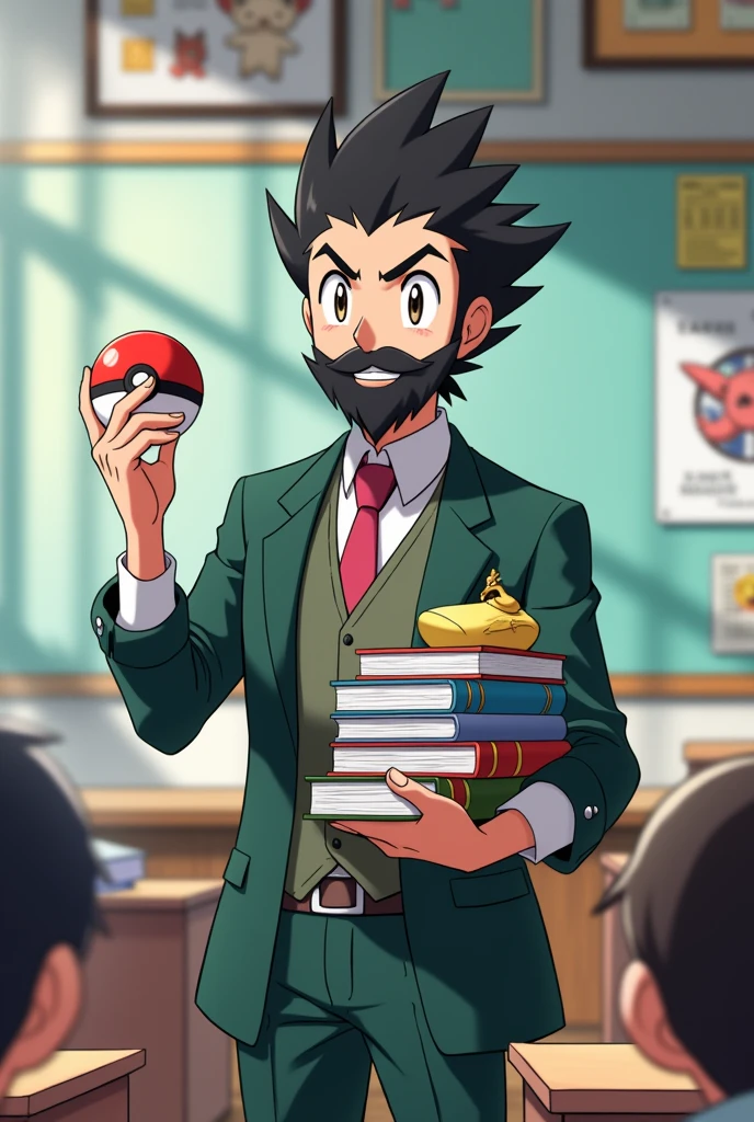Anime pokemon style, Short black hair teacher with full beard, right hand holding a pokeball. Left hand holding books, School