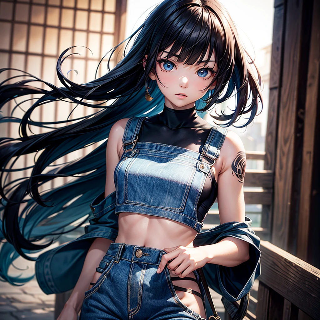 Score_9, score_8_up, score_7_up, source_anime, 1girl, solo, redhead, short hair, pixie cut, blunt bangs, ears, hair behind the ears, aqua eyes, perfect eyes, under eye mole, eyebrows, crop top, white crop top, no sleeves , bare shoulders, collarbone, strapless, denim overalls, tattoo, (night), looking at the viewer, facing the viewer, sinozick, monochrome details, masterpiece, professional, bold colors, awesome, photography inspired by Jay Rimi Mann , 30mm shot, action scene, HDR, following a kunoichi on the rooftop of a feudal Japanese village, eerie atmosphere, dark makeup, secret close-up details, realistic style portrait of a young Japanese woman, black hair, long hair, outstanding style, tall, cute ,juvenile. Use soft lighting to cast soft shadows on the subject, adding a touch of dimension to the image without affecting details, score_9, score_8_up, score_7_up Close-up details, Photo of a young Japanese woman in a realistic style, with dark hair, long hair, style Protruding, tall and cute, like a teenager. Use soft lighting to cast soft shadows on the subject, adding dimension to the image without affecting detail, score_9, score_8_up, score_7_up