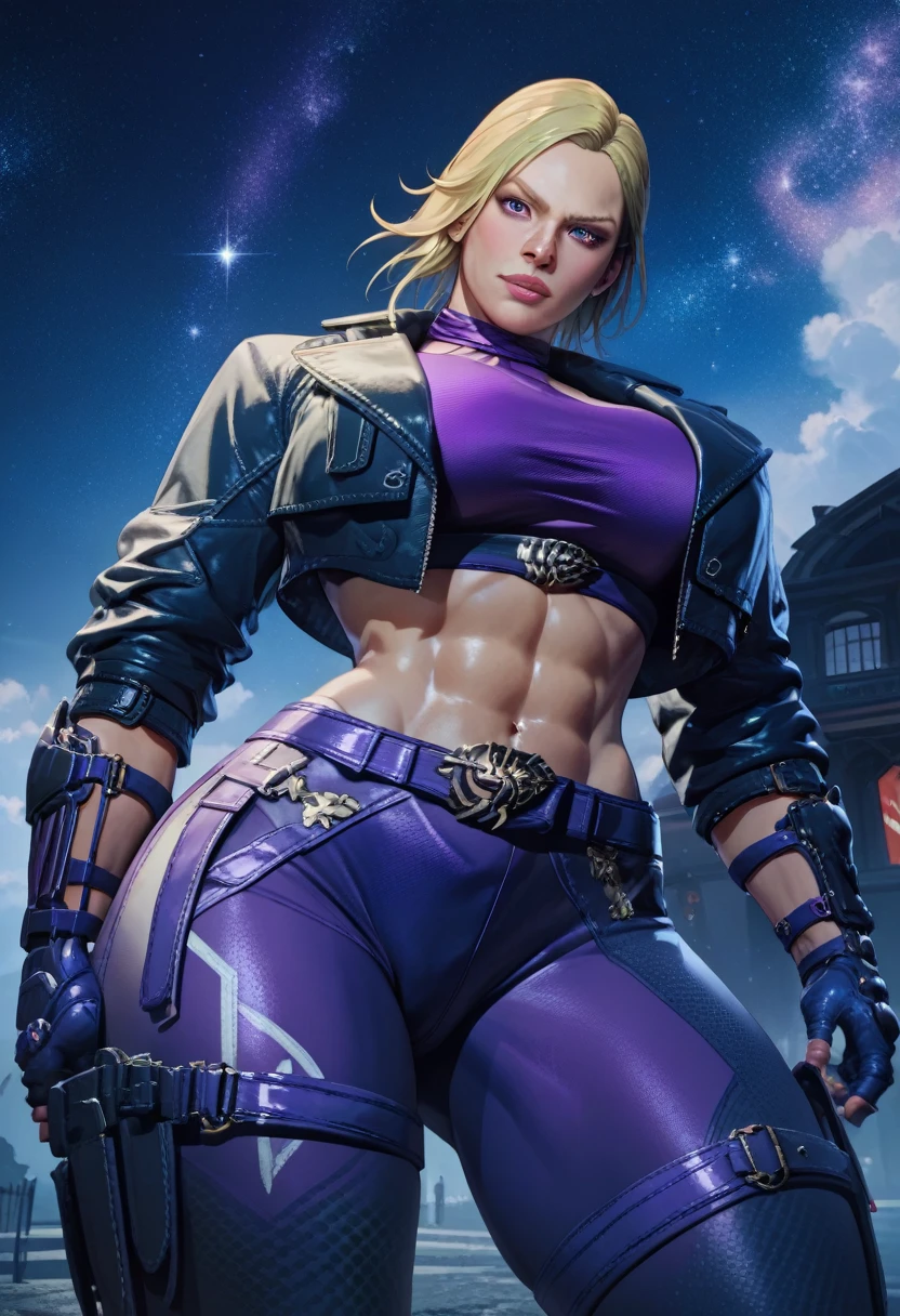 (ultra detailed, masterpiece, absurdres)) Nina Williams, big breasts, fit toned body, Tekken 8, 1girl, blonde hair, cropped black jacket, purple sports bra with spandex shorts, holsters, belts, gloves, nighttime, starry sky,