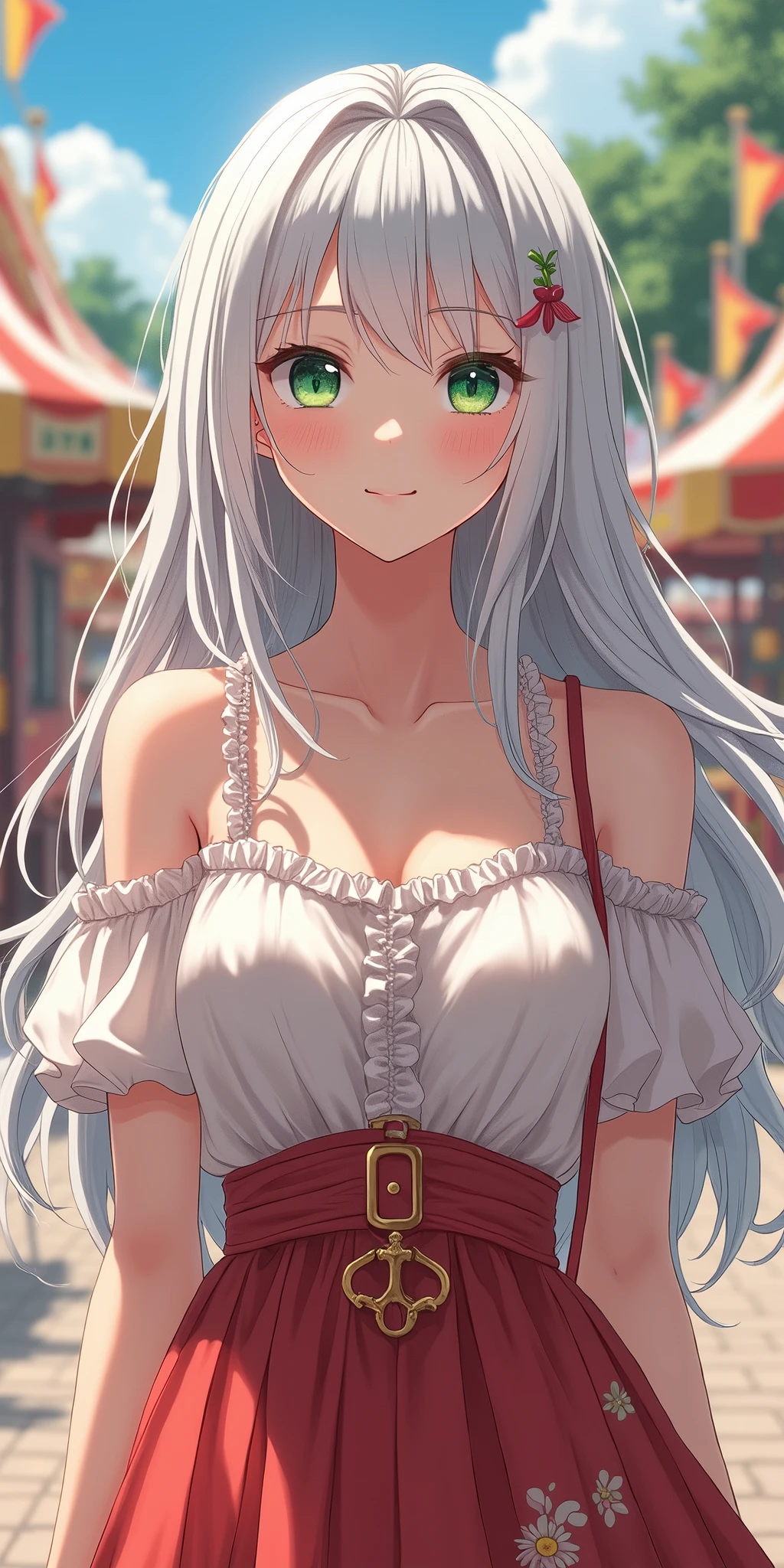 (best quality, ultra-detailed, photorealistic: 1.39), bright and vibrant colors, studio lighting, romantic expression, An effeminate warrior, with a delicate and beautiful face. She is a girl who reflects seductive beauty, sparkling greenish eyes, a beautiful woman with her long wavy white hair, her greenish eyes match her smile of a woman in love, her large breasts seduce, wearing a beautiful simple blouse, ruffles on the neckline, her flowered pleated skirt highlighted by the wind, waiting in front to the amusement park, small women's shoulder strap bag, amusement park as background, anime style