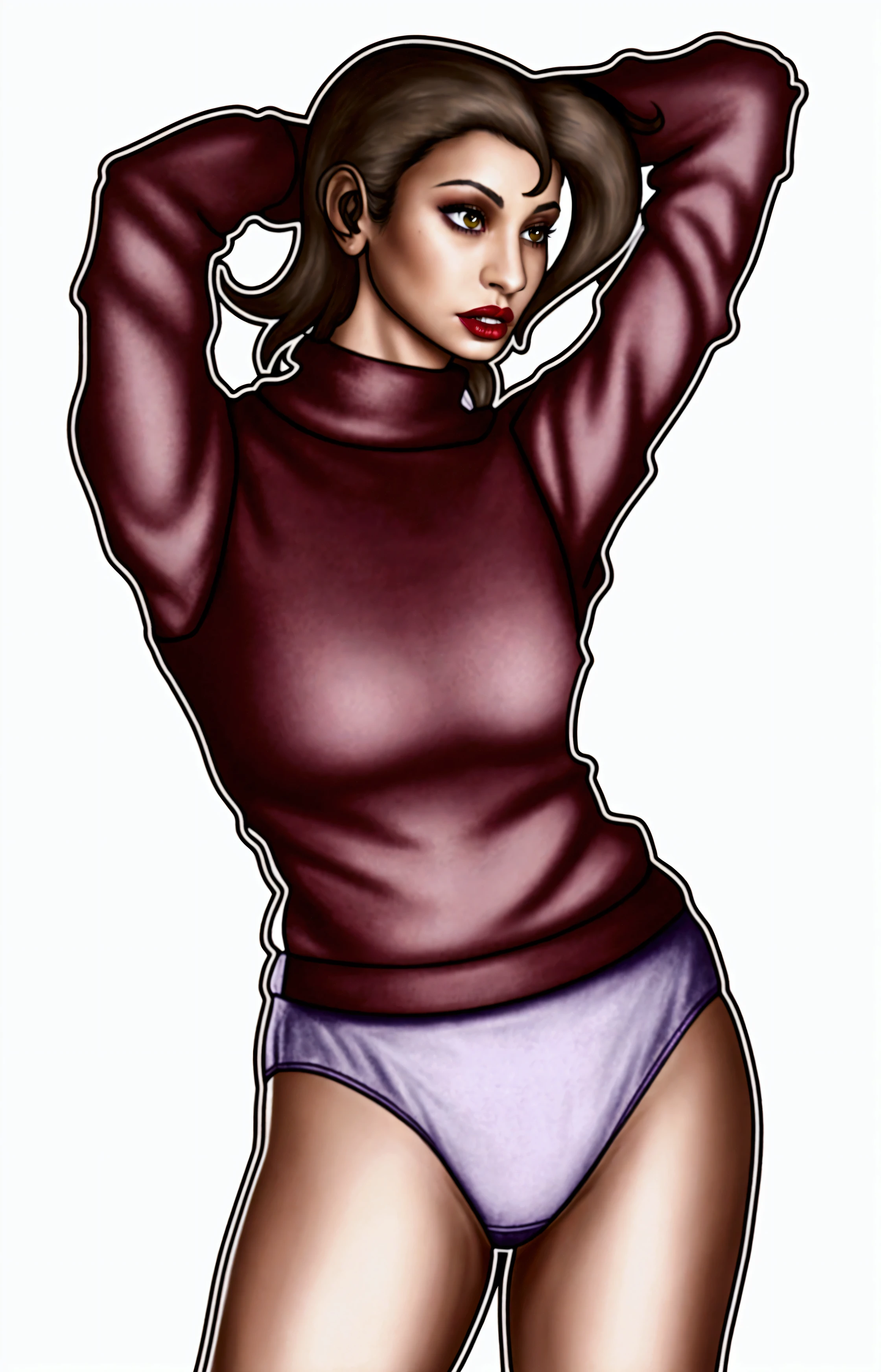 (masterpiece, best quality)), ((((perfect anatomy)))), Curvy Latina with swept back brown hair, dark eyeshadow, dark red lipstick, dark green eyes, red sweater, (((purple cotton panties))), (((photo realistic))), ((90's film, 90's movie scene, 90's TV Style))