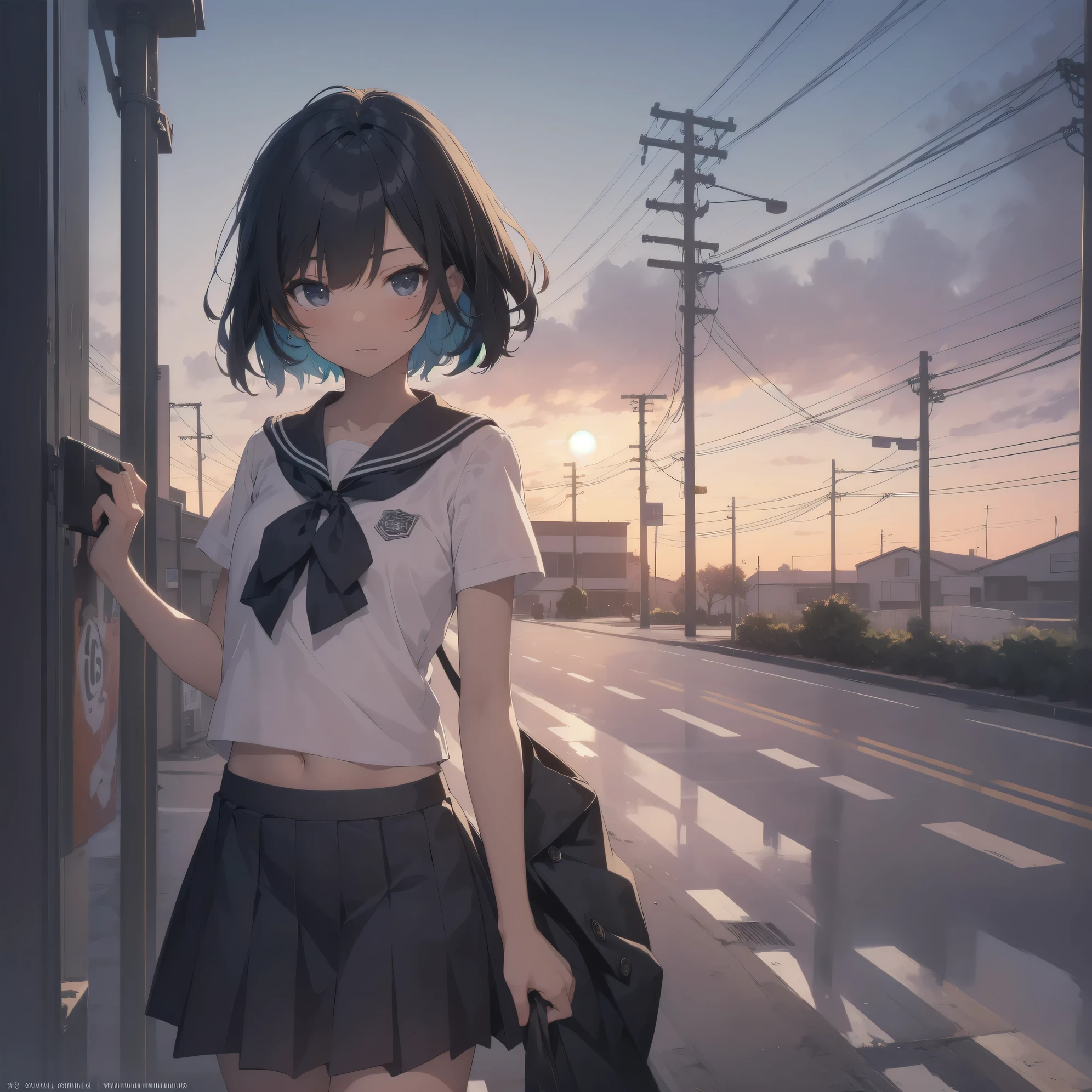 ultra-absurdres-Top quality by artist God, ultra-detailed, high resolution, anime moe artstyle, best anime 8k konachan wallpaper, pixiv contest winner, pool:2810, perfect anatomy,break, 1girl, (Please draw a girl walking sleepily to school alone. )break,(Solo,little female, 13-year-old:1.3),Full limbs, complete fingers,a junior high school student, (very short hair), short cut, flat chest, , small butt, small black eyes, beautiful detailed eyes, well-proportioned iris and pupils, expressive eyes, highres detailed hair, soft expression, salor school_uniform, sailor collar, serahuku, bow, pleated skirt,(Detailed Lighting), (Detailed background), in the School commute route. break,super detailed skin, Best cinematic lighting powered by famous artist, 8k,beauty illustration,photoshop_(medium),very aesthetic,break,((artist:shimazaki_mujirushi )), artist:clamp ,artist:carnelian ,artist:kantoku ,
