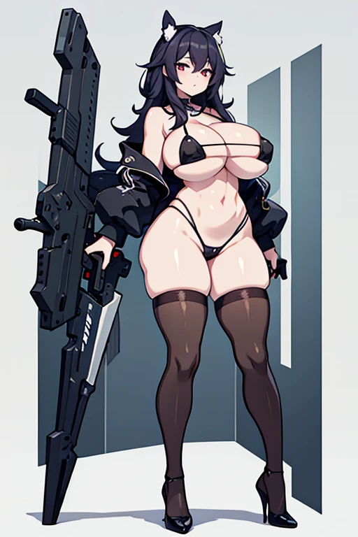 Girl, thick thighs, wide hips, mini bikini, high heels, pale skin, big breast,