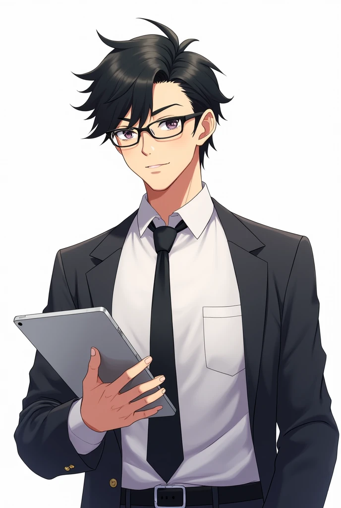 Black hair male teacher, glasses, white shirt and tie, jacket, holding an iPad, anime image, white background, 1080p image