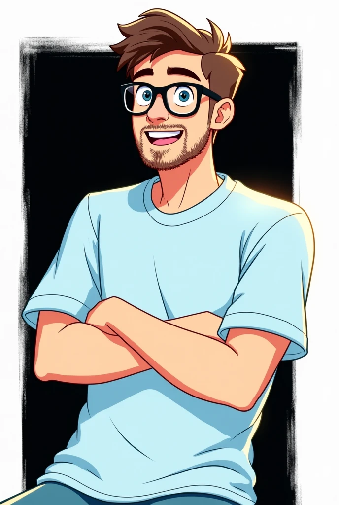 Cartoon character of a man in black glasses and blue shirt, body without many muscles, teenage look, with small beard, an animated character, stylized character, animation style rendering, 3d stylized, Arnold Maya rendering, Stylized 3D rendering, toon render screenshot, 3d character, 3d character, Stylized 3D rendering, 3D character rendering, cartoon character, Personagem de close up, character posing, (Pixar-style) (master part:1.2) (bokeh) (best qualityer) (skin detailed) (detailed texture) (8k) (Argilla) (cinematic lighting) (sharp focus,Sit down and lift your upper body