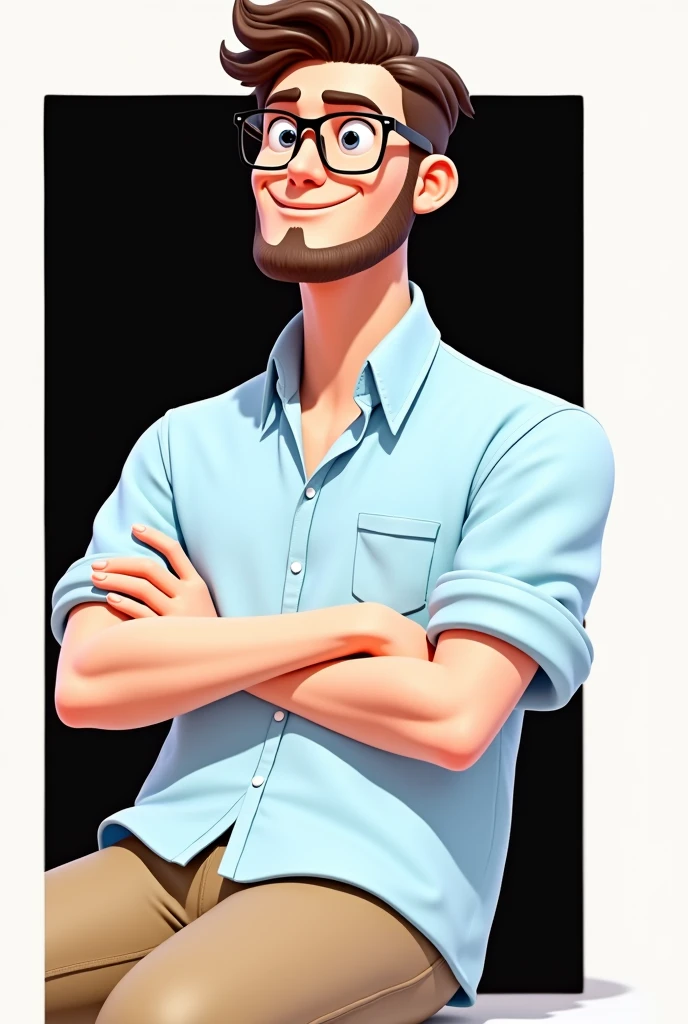 Cartoon character of a man in black glasses and blue shirt, body without many muscles, teenage look, with small beard, an animated character, stylized character, animation style rendering, 3d stylized, Arnold Maya rendering, Stylized 3D rendering, toon render screenshot, 3d character, 3d character, Stylized 3D rendering, 3D character rendering, cartoon character, Personagem de close up, character posing, (Pixar-style) (master part:1.2) (bokeh) (best qualityer) (skin detailed) (detailed texture) (8k) (Argilla) (cinematic lighting) (sharp focus,Sit down and lift your upper body