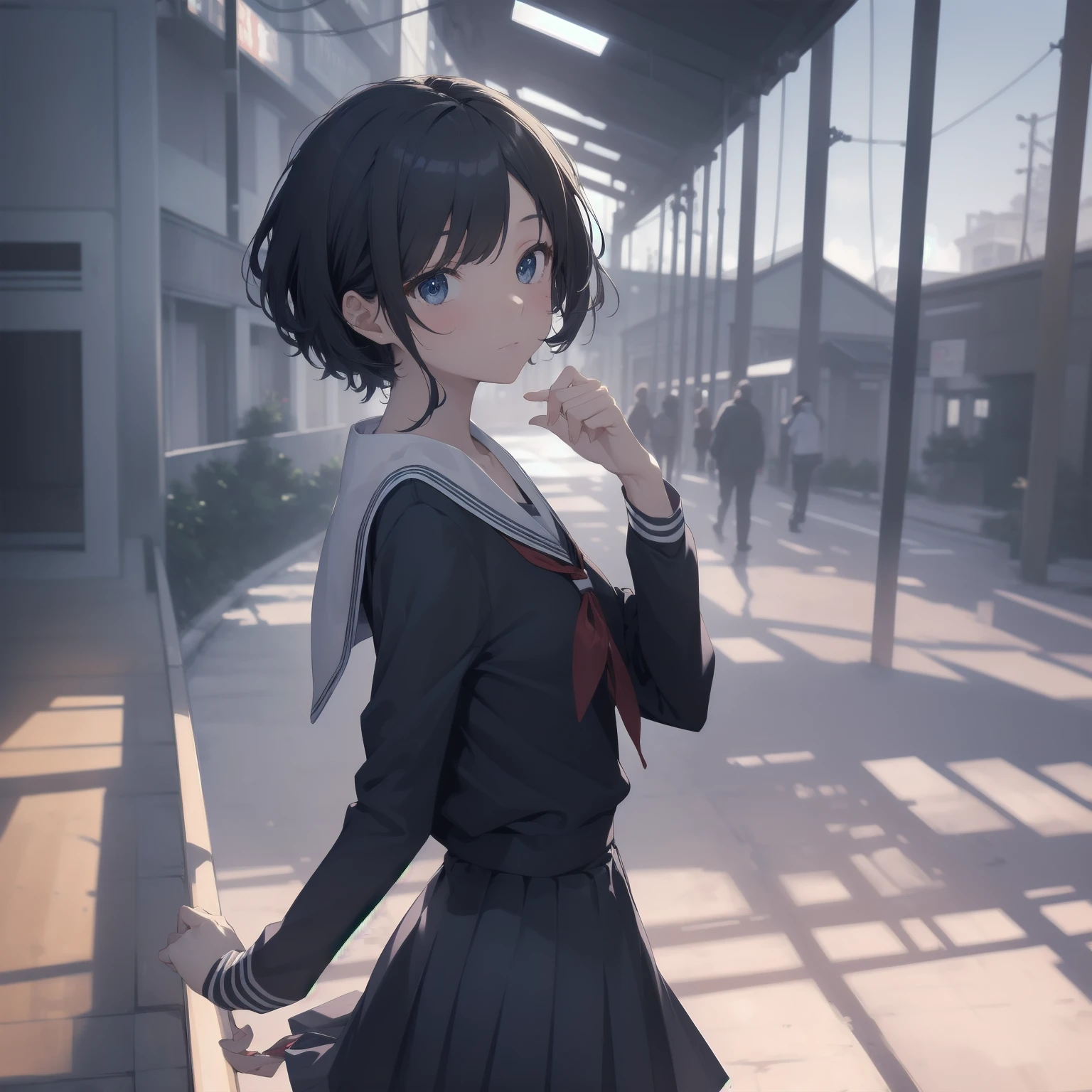 ultra-absurdres-Top quality by artist God, ultra-detailed, high resolution, anime moe artstyle, best anime 8k konachan wallpaper, pixiv contest winner, pool:2810, perfect anatomy,break, 1girl, (Please draw a girl walking sleepily to school alone. )break,(Solo,little female, 13-year-old:1.3),Full limbs, complete fingers,a junior high school student, (very short hair), short cut, flat chest, , small butt, small black eyes, beautiful detailed eyes, well-proportioned iris and pupils, expressive eyes, highres detailed hair, soft expression, salor school_uniform, sailor collar, serahuku, bow, pleated skirt,(Detailed Lighting), (Detailed background), in the School commute route. break,super detailed skin, Best cinematic lighting powered by famous artist, 8k,beauty illustration,photoshop_(medium),very aesthetic,break,((artist:shimazaki_mujirushi )), artist:clamp ,artist:carnelian ,artist:kantoku ,