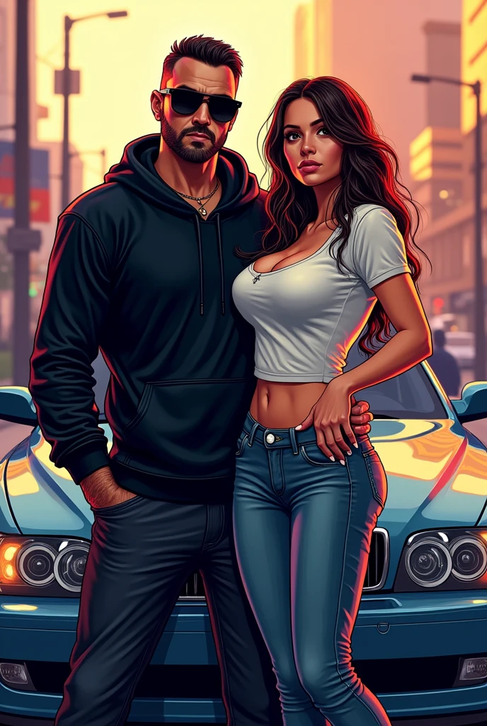 A mature male character with a hoodie and sunglasses looking straight into the camera, with a sexy hot girl, standing in front of a BMW car, huge big rounded boobs, hourglass body, thick thighs, wearing a t-shirt and tight jeans, holding her waist, in GTA VI poster style