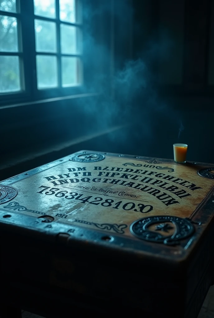 "Create a dark and enigmatic image of a Ouija board in a mysterious setting. The board must be in focus, with an ancient and mystical aesthetic, featuring classic letters and numbers. Add a small glass cup, known as planchette, positioned on the board, suggesting that it is about to move. The background should be subtly illuminated by a dim, bluish light., creating an atmosphere of suspense and mystery. Add dark details like soft shadows and light fog, with a touch of supernatural aura. This image should capture the essence of a pastime that connects with the beyond., evoking a sense of curiosity and mystery, reflecting the intriguing tone of the story about the purchase of Silvio Santos.