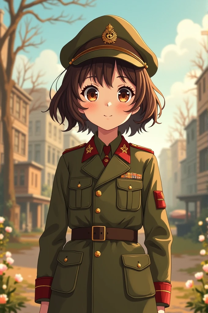 An old anime style girl. The girl is wearing Soviet military clothes. He has brown hair, Medium Short, with bangs and also wavy. He has big brown eyes.. He also has white skin.