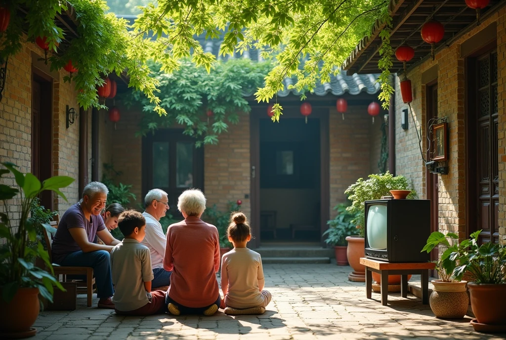 alley，beijing，Residential Courtyard，In the yard，old courtyard house，summer，Some people sit together，Everyone watches an old black and white TV，TV set，There were old people，Child，youth，Everyone has their backs to the audience，Retro