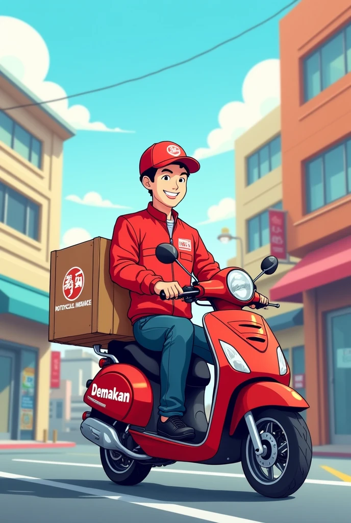 Simple illustrations Motorcycle Insurance Delivery Man Red clothes The company name is Demaekan