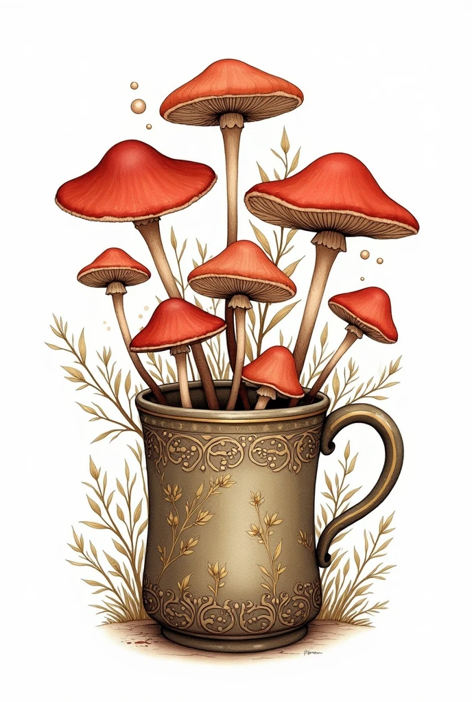Logo for magical mushroom coffee, coffee mug, simple vector design, ink, white background, colors, alphonse mucha style